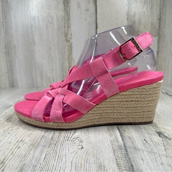 New Cole Haan Crystal Pink Neon Suede Wedge Sandals #195 - Picture 2 of 12